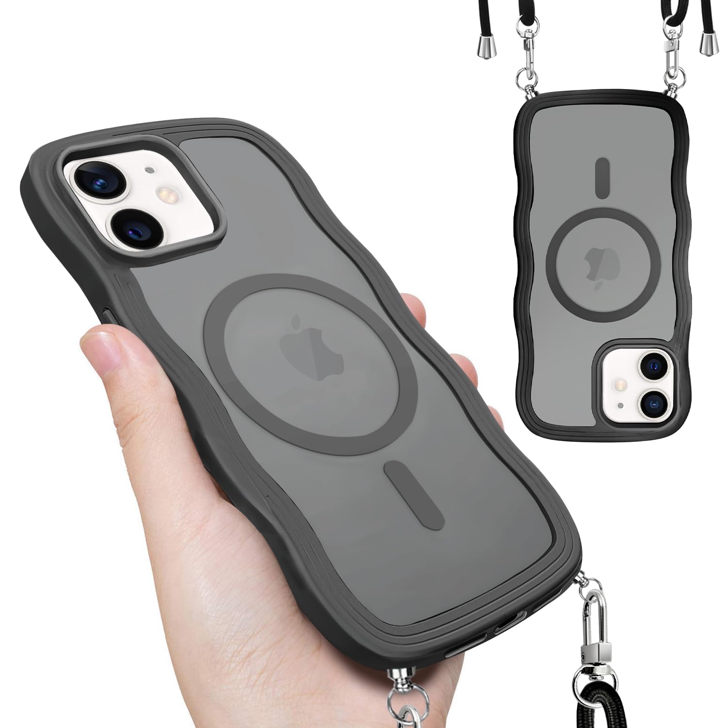 対応 iPhone 12 ケース ストラップ付き アイフォン 12Pro カバー Magsafe対応 あいふぉん12 スマホケース 半透明 ブラック