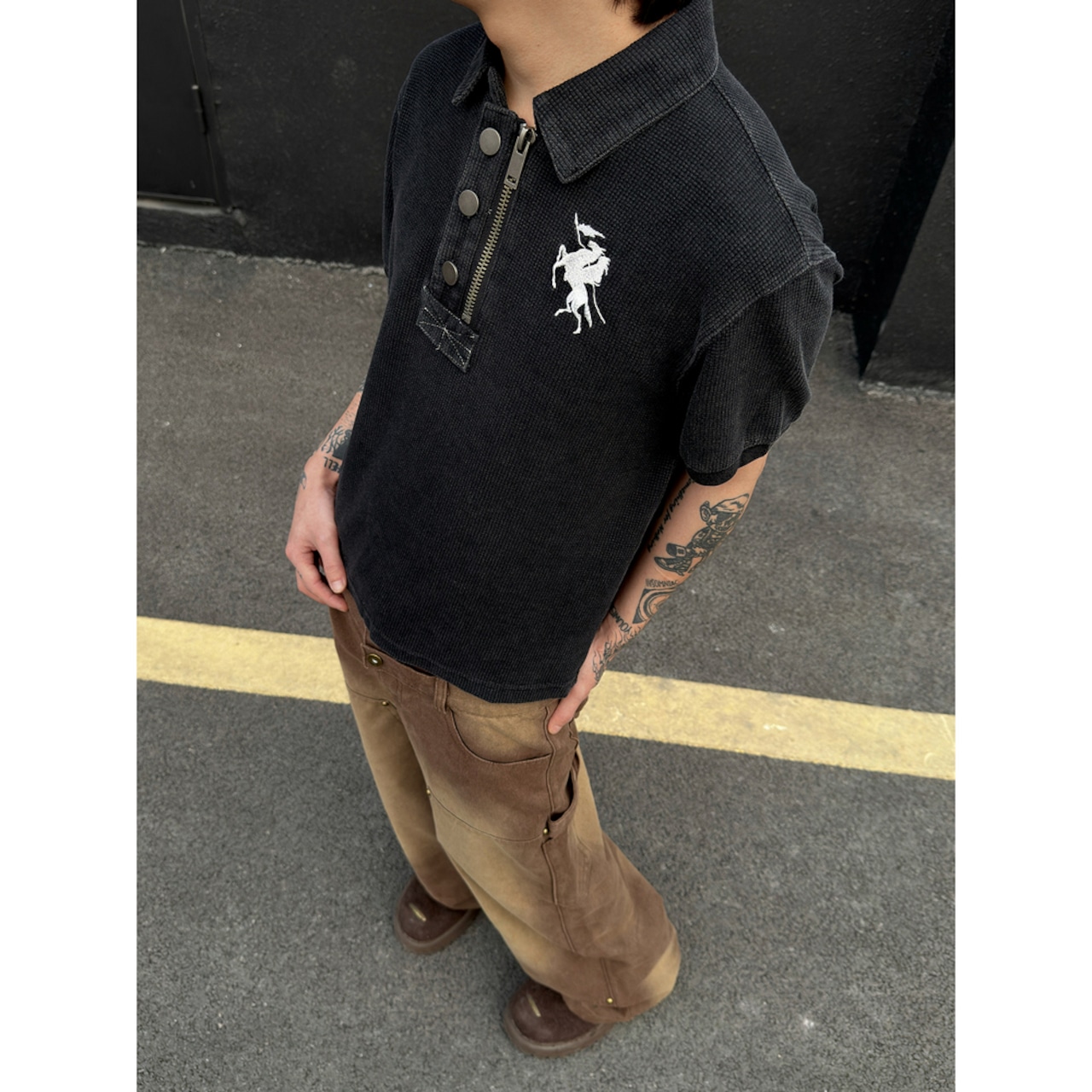 VINTAGE ストリート ハーフジッパー Tシャツ T2069