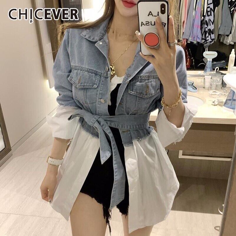 CHICEVERフェイクツーピースパッチワークデニムジャケットラペルカラー長袖チュニックレースアップ非対称コート女性2020タイド ロング 6base544055015443