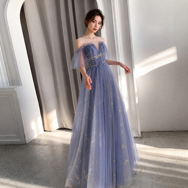 Off-Shoulder Beaded Long Dress (4color) V3500