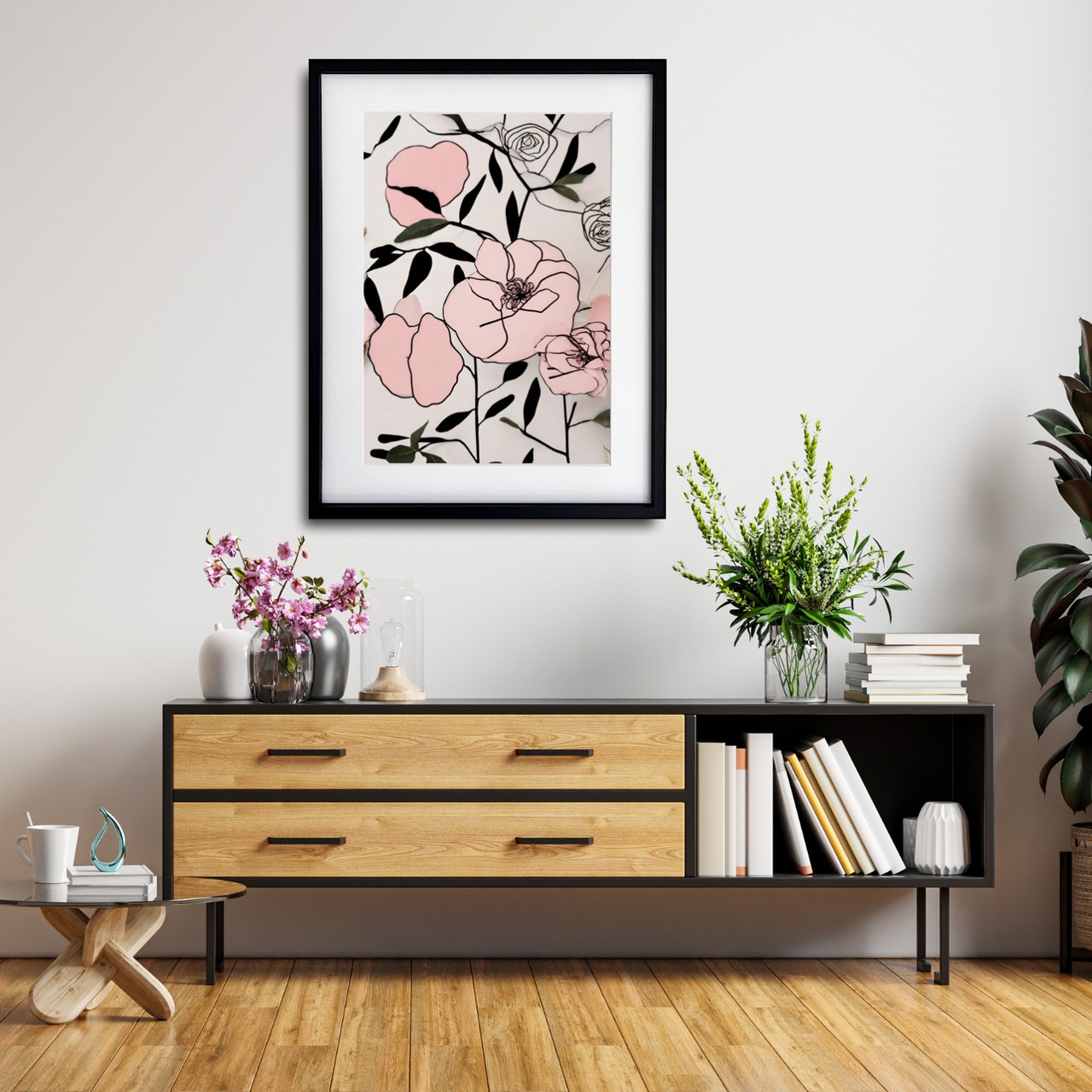 Natural｜花の線画とリアルな質感が調和する北欧モダンアートポスター｜ナチュラルなくすみ色で上品に彩るインテリアにA2ポスター