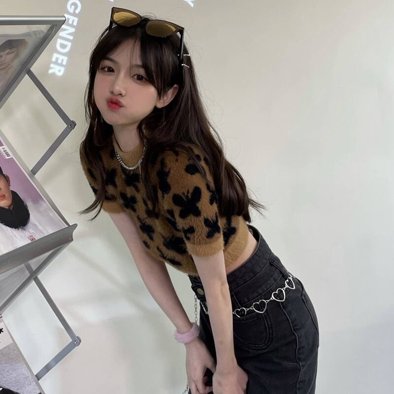 Butterflyデザイン ジャカードカラーショートハイウェストニットTシャツ スプリングスリム 春物 ドラファッションホール88569393454