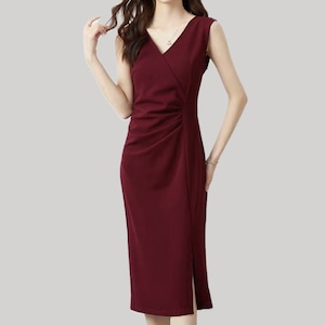 Wine red V neck tight shirring design sleeveless dress with slit 00180