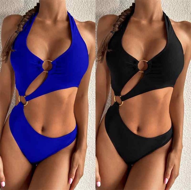 ビキニ風 モノキニ セクシー ワンピース 水着 かっこいい 個性的 アシンメトリー カットオフ 黒 ブラック 青 ブルー 無地 海外 モデル ハイレグ クール ホルターネック バックル ヘルシー 美スタイル 脚長 スポーティー スイムウェア つなぎ