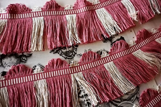 フランス 50x11c リネン 薄曇りの木苺とフリンジブレード ヴィンテージ