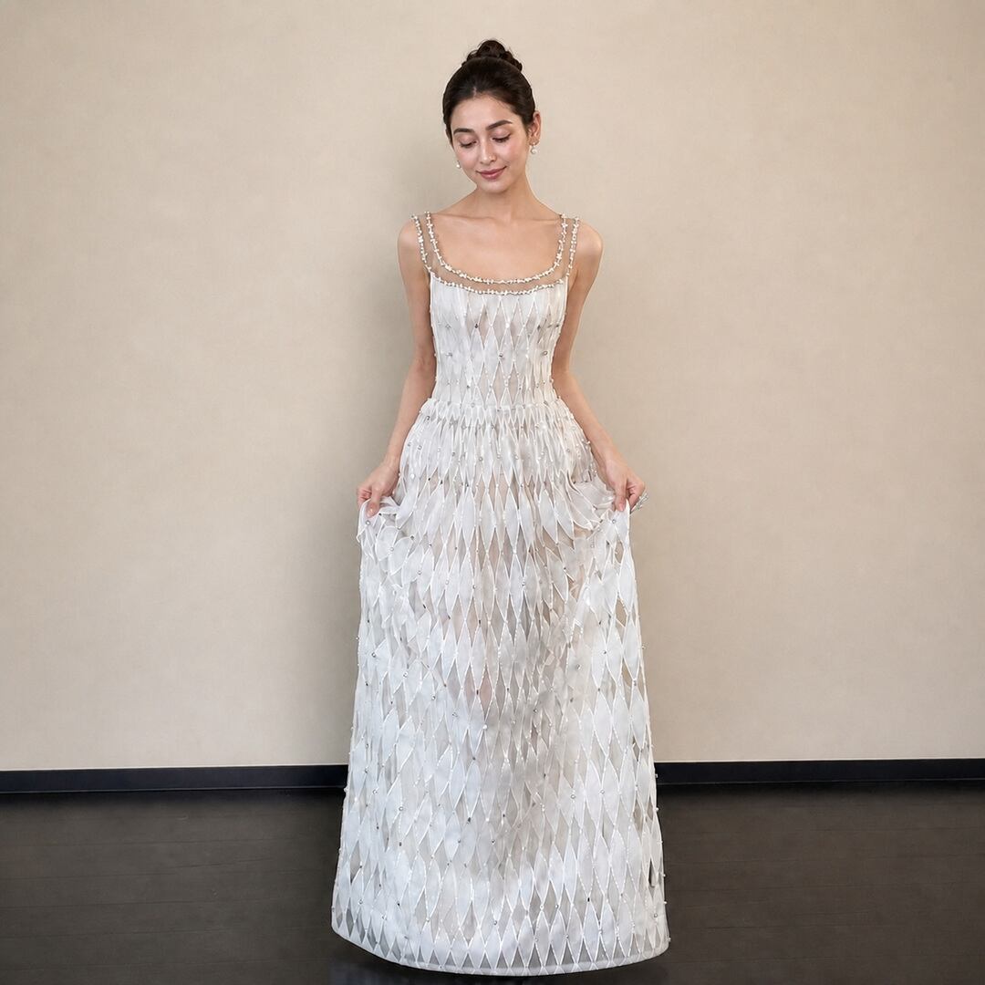 Beaded Decoration Gathered Waist Maxi Dress V3519