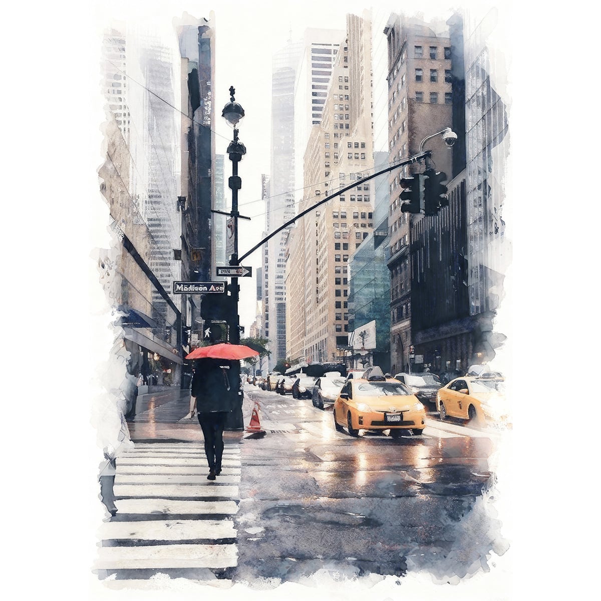 絵画 風景画(街並み) アメリカ ニューヨーク 雨のマンハッタン マディソン・アベニュー インテリアアート額付き 水彩画風 WAT1802
