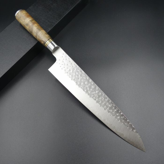 佐治作 包丁 牛刀 R2粉末ハイス 240mm 花梨柄 鎚目打 越前打刃物