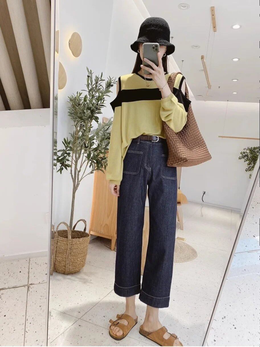 ディープブルー ハイウエスト 9分丈 ストレートレッグ ワイドレッグ ジーンズ レディース Sサイズ 秋 ヴィンテージ ヨーロッパ雑貨