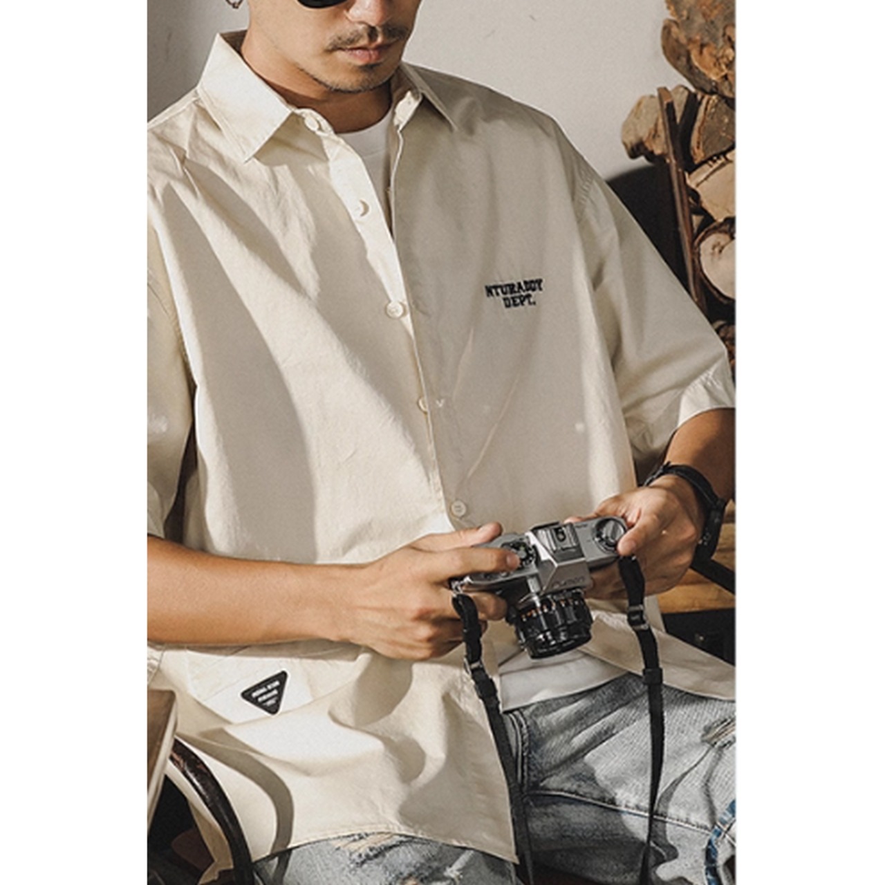 刺繍ロゴ入りオープンカラーシャツ 10112