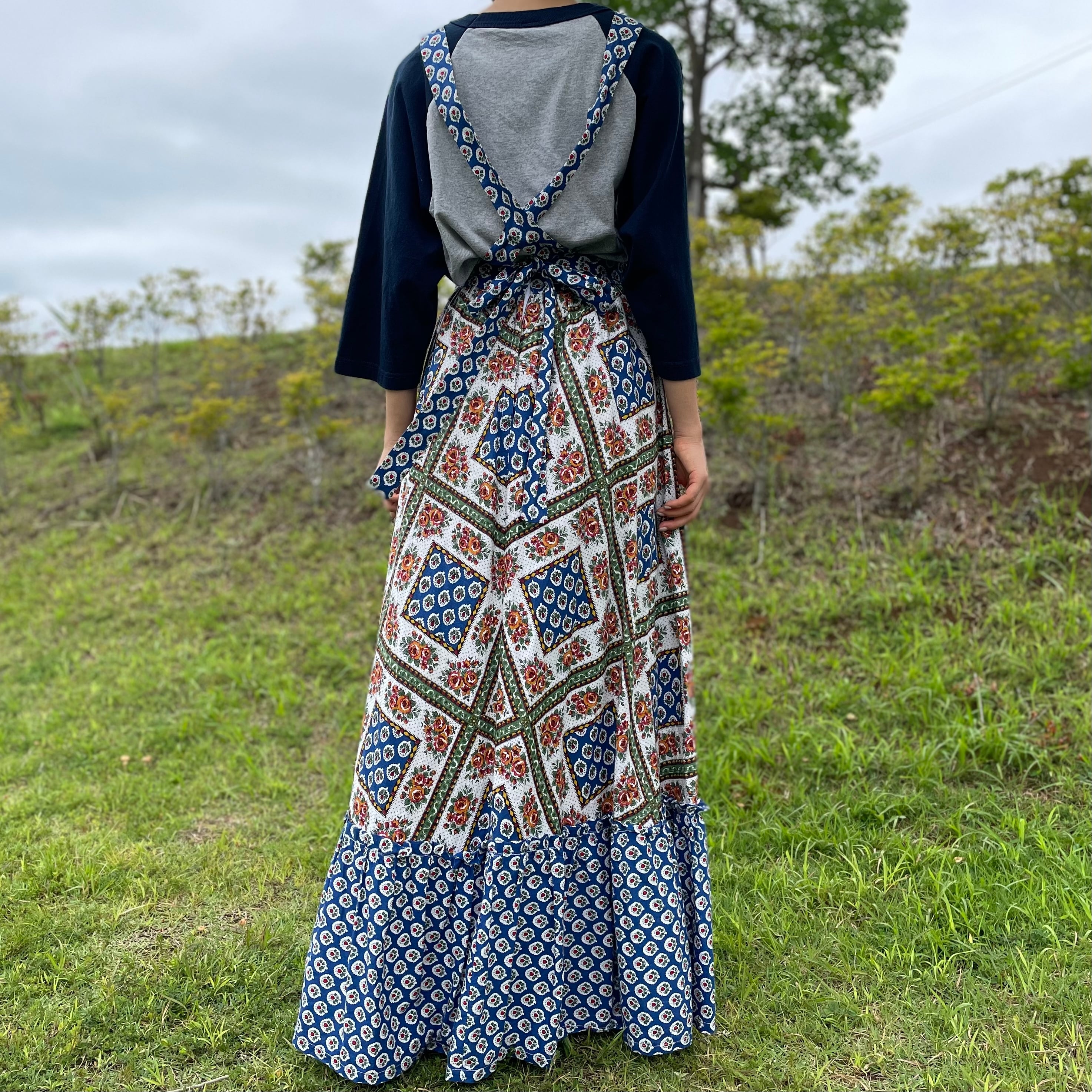 70s vintage apron dress ワンピース 古着 ヴィンテージ 花柄 ブルー KP161