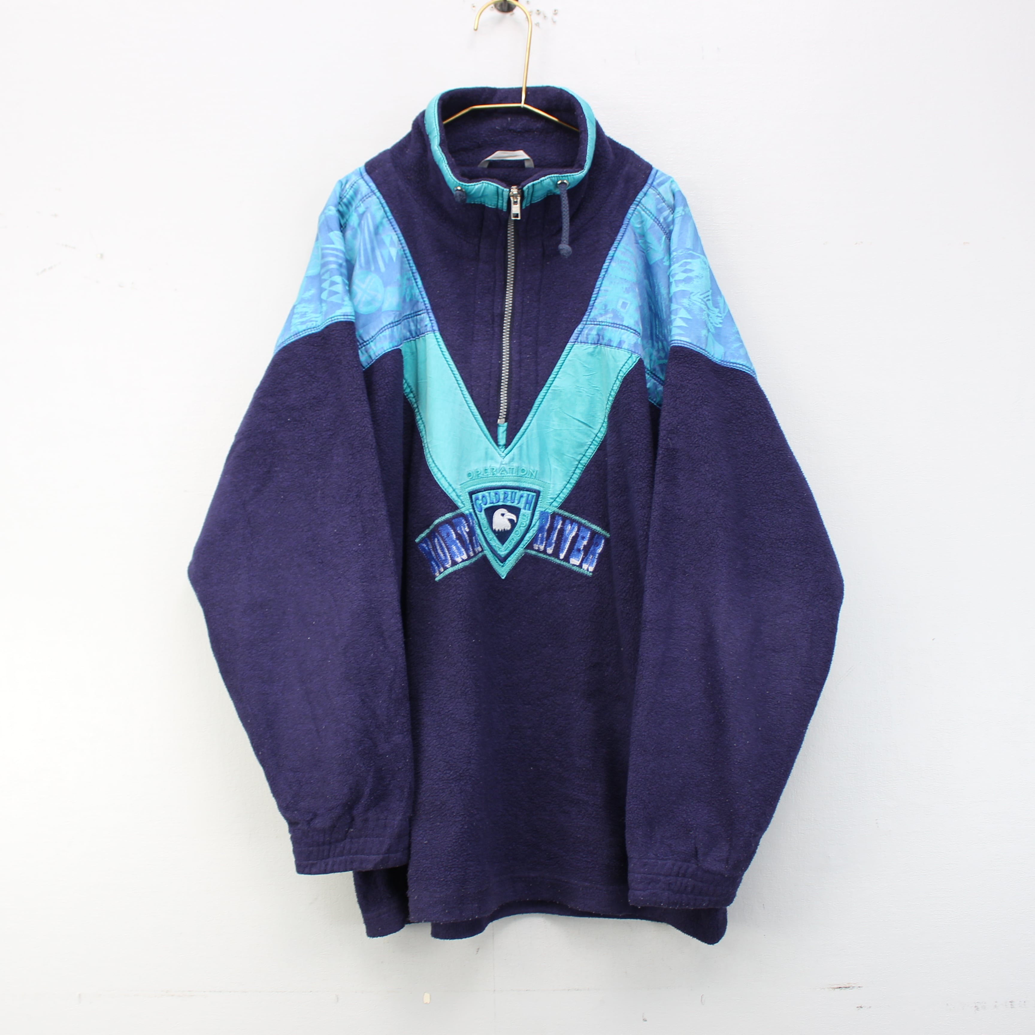 EU VINTAGE NORTH RIVER EMBROIDERY DESIGN HALF ZIP FLEECE JACKET