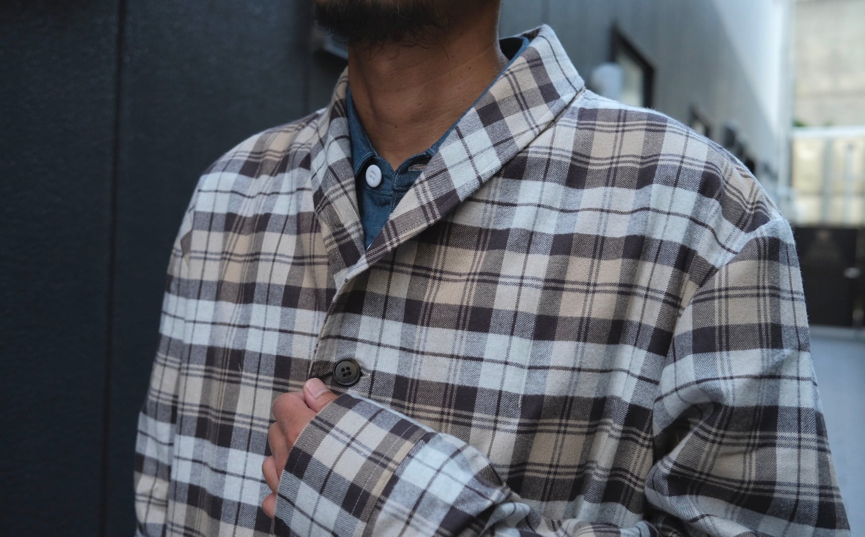 ジャケット・アウター kenneth field SHAWL JACKET NEL CHECK KENNETH FIELD(ケネスフィールド) / SHAWL JACKET NEL CHECK-GRAY-(13