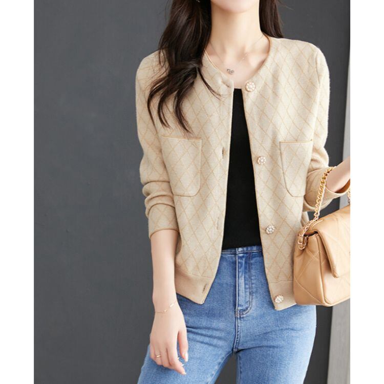 ダイヤ柄ニット クルーネック 長袖カーディガン 4col N00037