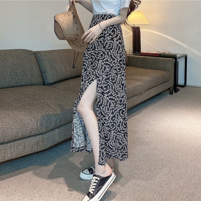 スカート サマーハイウェストウェストプリントロング 夏物 ハンチェンe83647279874