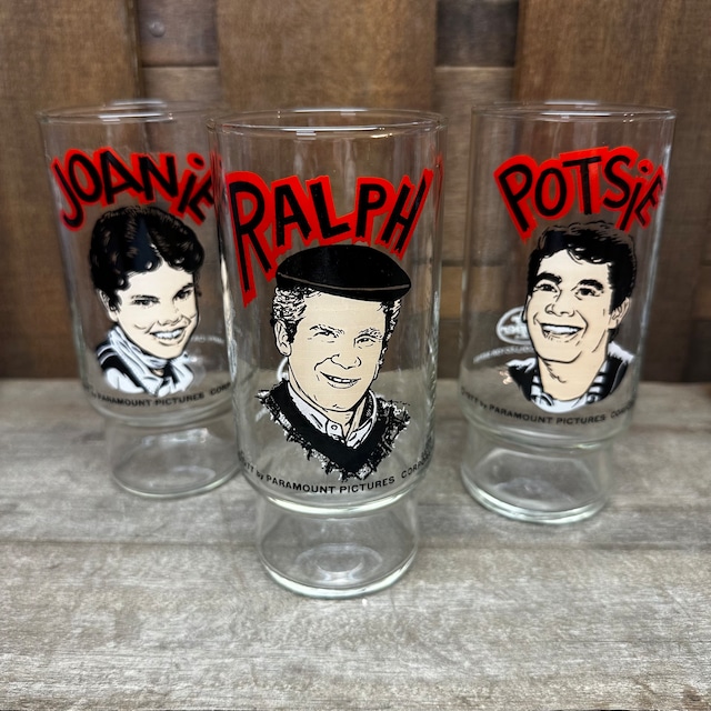 Happy Days 1977 ヴィンテージグラス 3個セット（Potsie / Ralph / Joanie）