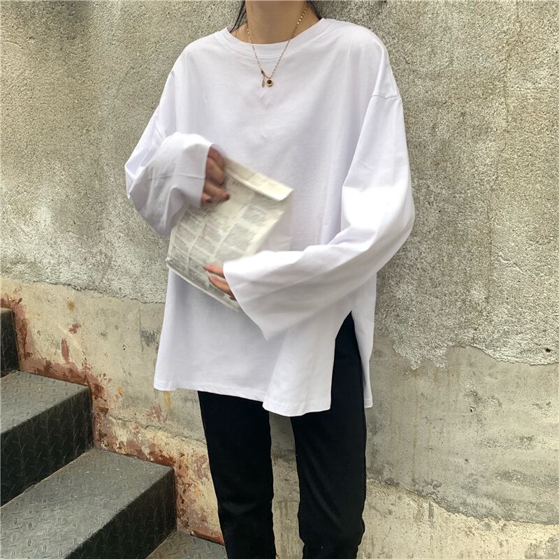 白いTシャツ女性緩いバージョン2020新しい秋と冬のトップス無地多用途スプリットボトムシャツ長袖 クレセントシティ80479914747
