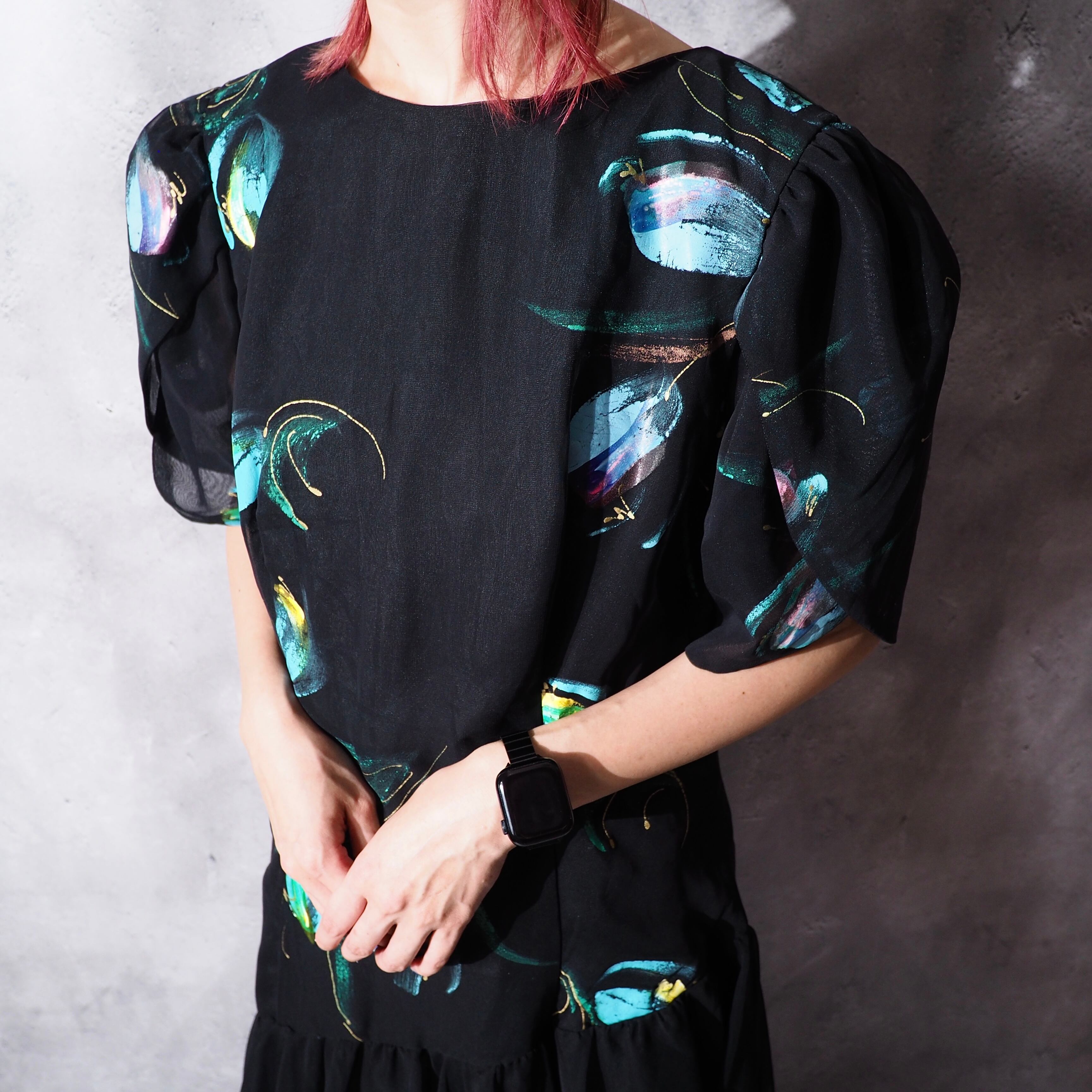 cold flower painted × asymmetry frill vintage onepiece dress