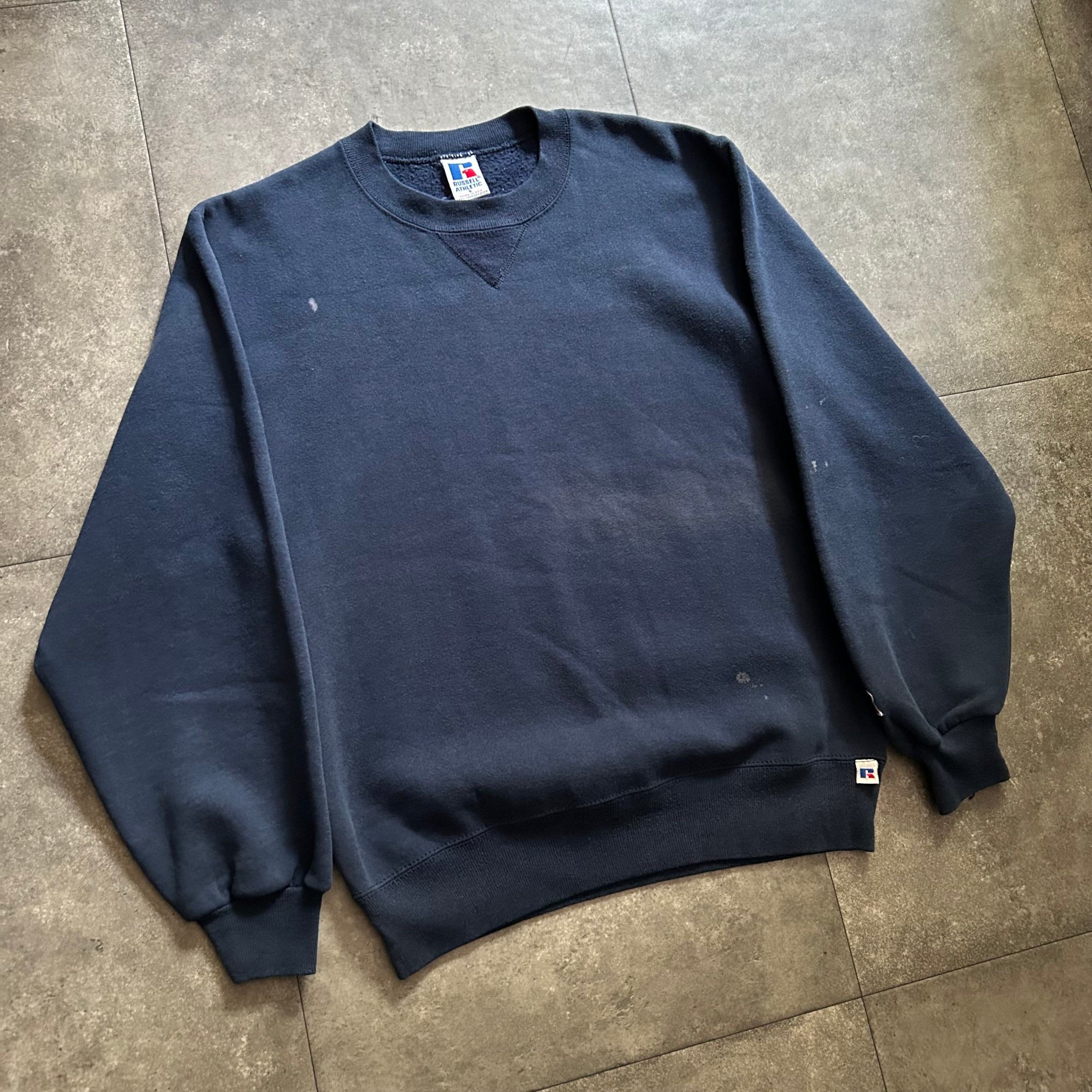 BR>90s USA製 RUSSELLラッセル 無地 前V スウェット ナス紺 XXL☆特大 