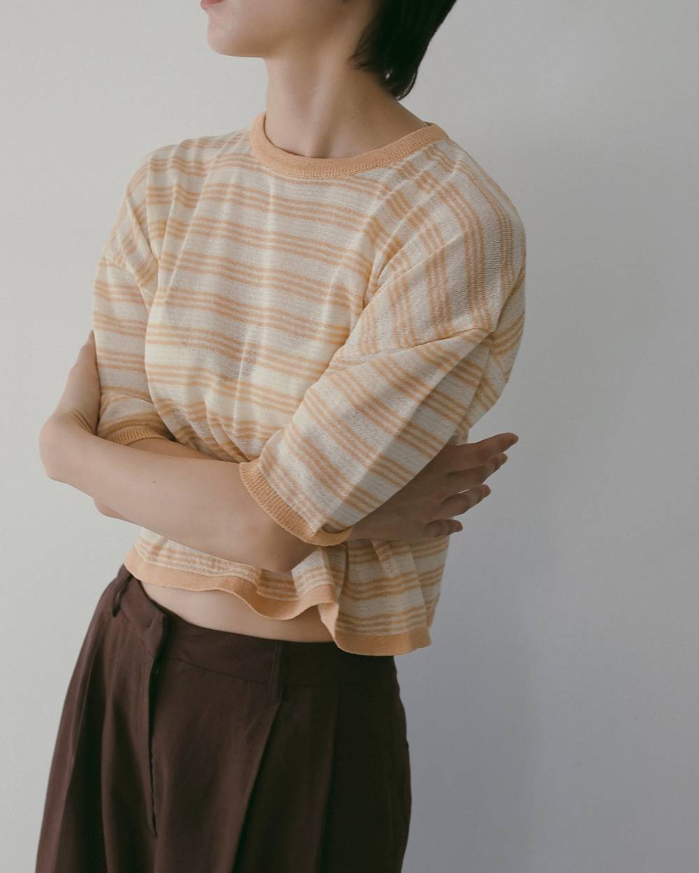 anuke(アンヌーク)mesh pattern knit オレンジ anuke(アンヌーク) Sheer Border Knit | サウスオレンジ｜メンズ