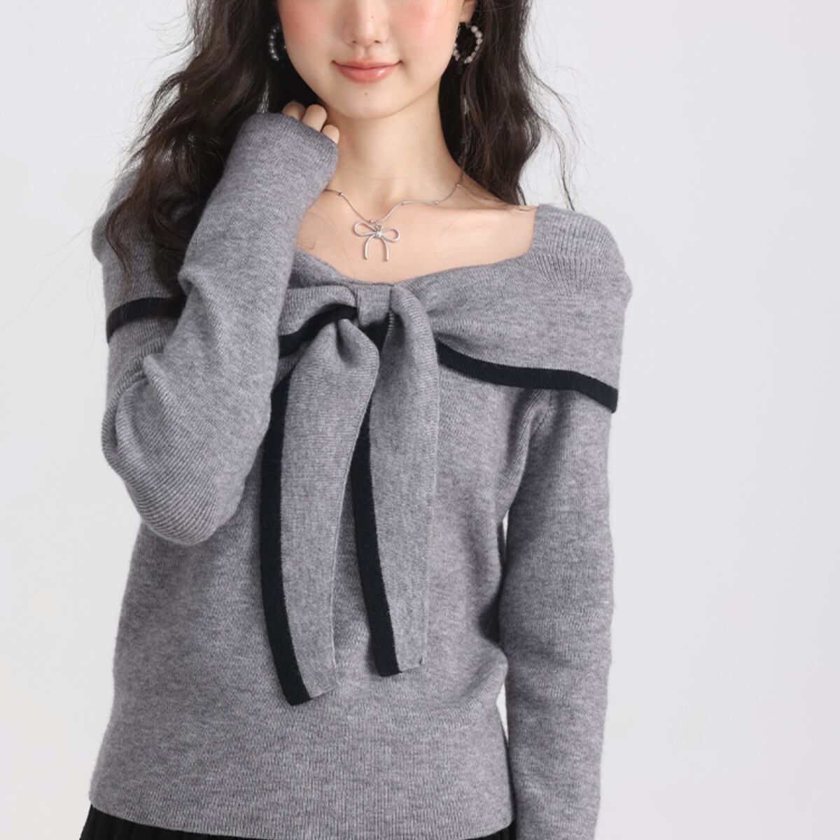 Ribbon Detail Off-the-Shoulder Knit ch0078