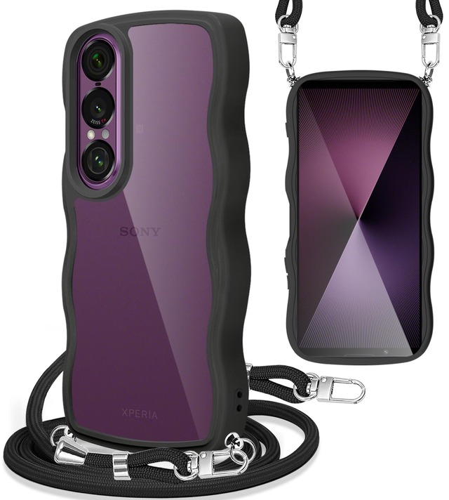 Yuanlai For SONY Xperia 1 VII ケース ショルダー SO-51F / SOG15 スマホケース 耐衝撃 クリア 波型 エクスペリア1 VII カバー 肩掛け 斜めかけ 紐付き 織りストラップ付き 長さ調整可能 取り外し可能 (ブラック)
