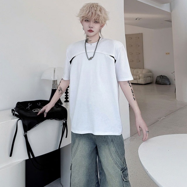 【予約販売】シャツ 半袖 Tシャツ メンズ  ホワイト ブラック バイカラー 切り込み こなれ感 カジュアル シンプル  モード お洒落  韓国 トレンド 春 夏 M/L/XL