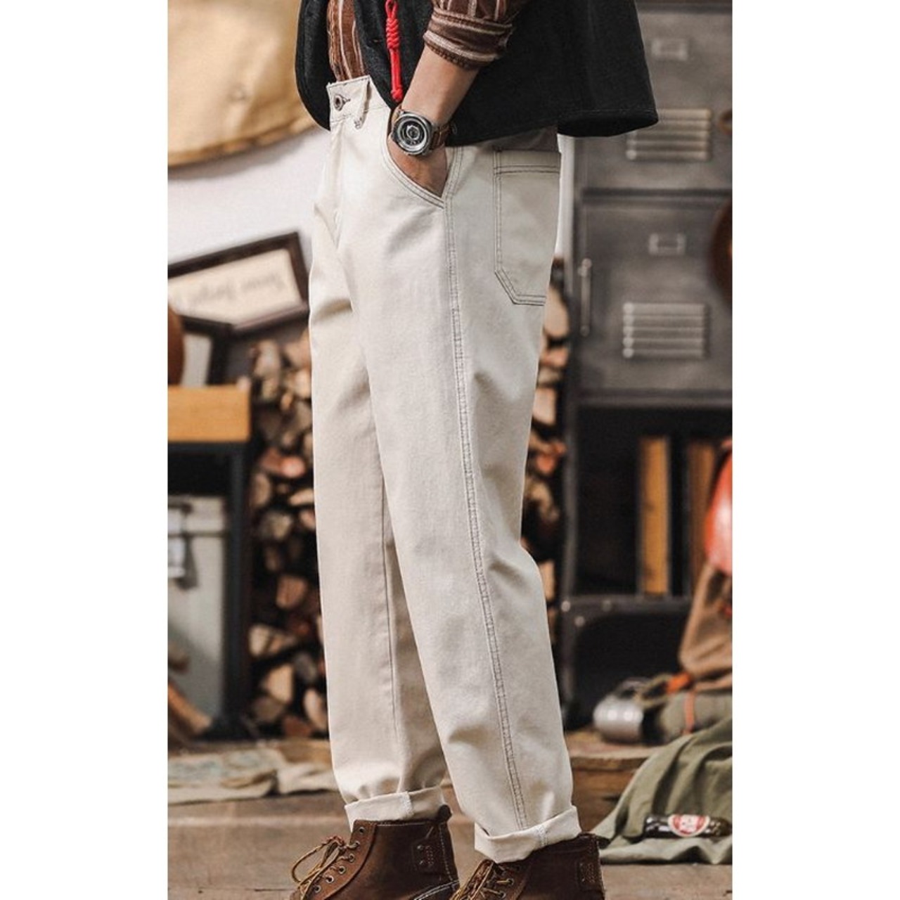 cotton ankle-length straight pants ◇H0794