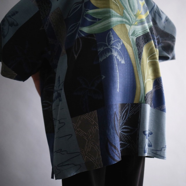 back botanical art pattern loose h/s silk shirt