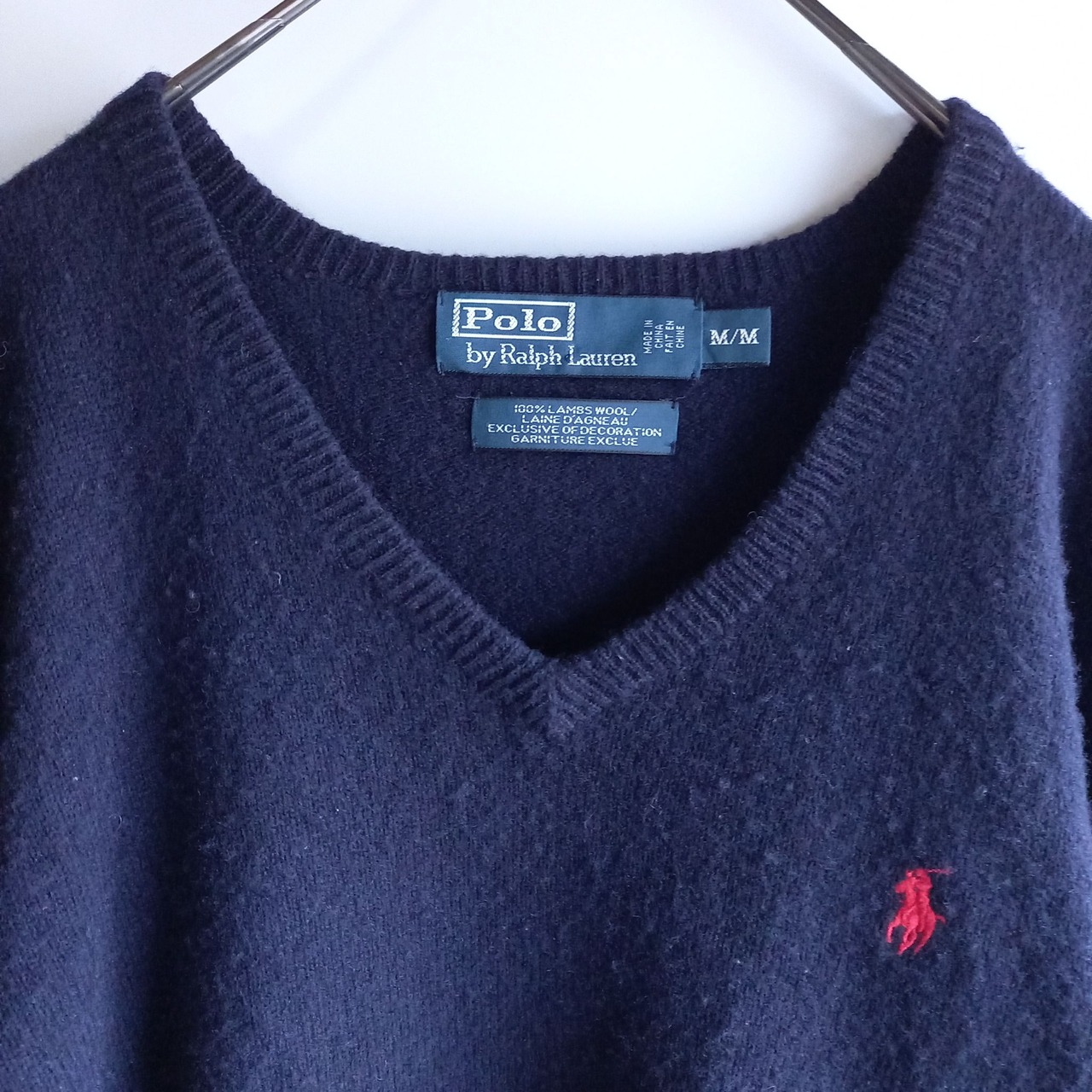 ポロバイラルフローレン　Vネックセーター　ラムウール100％　刺繍ロゴ　ネイビー　M/M