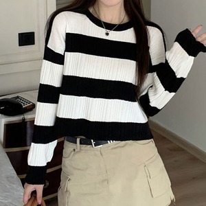 ショート丈 ボーダー ニット レディース 秋冬 長袖 韓国 大人 カジュアル かわいい おしゃれ セーター ニットウェア 大人可愛い 大人女子