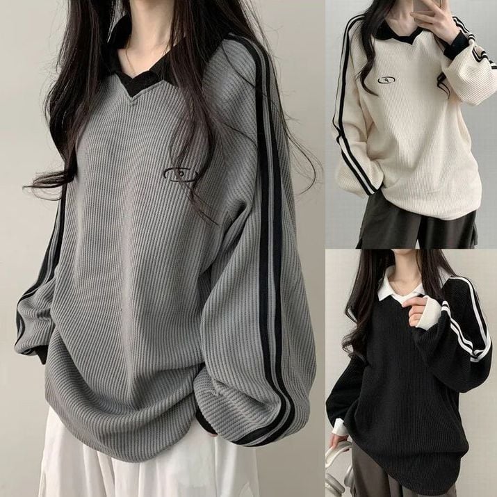 ポロカラー プルオーバー バイカラー 裏起毛 秋 韓国 nr6331 3カラー ユニフォーム風 トップス 襟付き サイドライン ロゴ