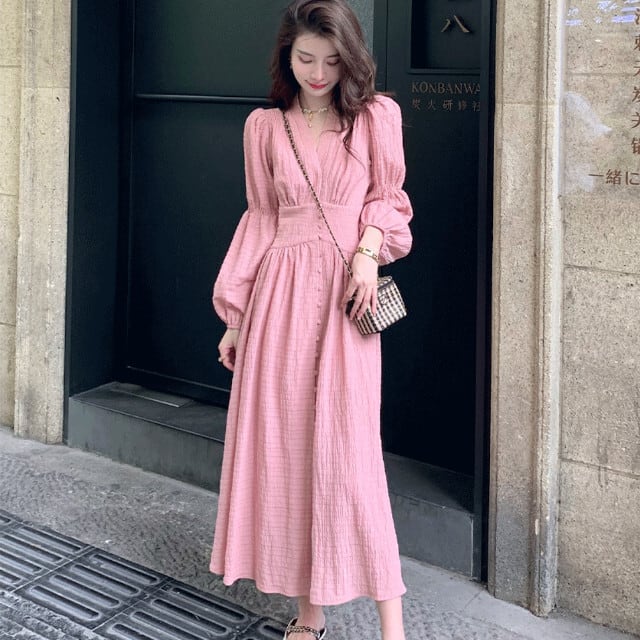 ワンピース レディース ロングワンピ ロング丈 Vネック 長袖 ボリュームスリーブ ティアードワンピ おしゃれ かわいい こなれ感 春秋 ベージュ/グリーン サイズ:S/M/L/XL ワンピース レディース ロングワンピ ロング丈 Vネック 長袖 ボリュームスリーブ レトロ おしゃれ かわいい こなれ感 春秋 ピンク サイズ:S/M/L/XL