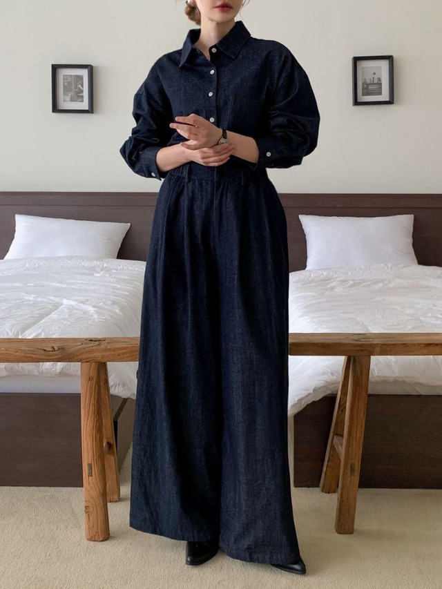 Gathered Denim Shirt Set-up