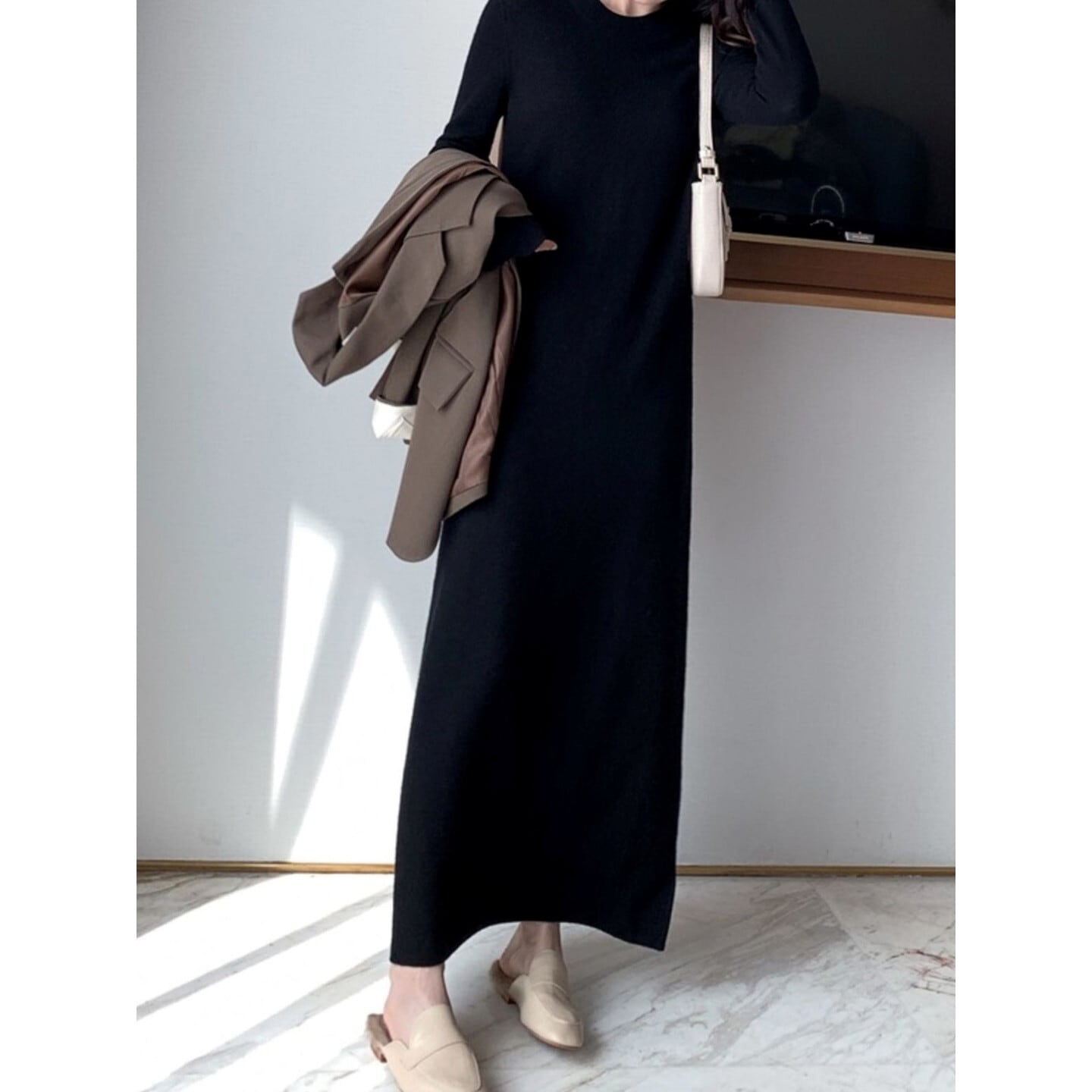 クルーネック ロングワンピース【M-2XL】 RA3541