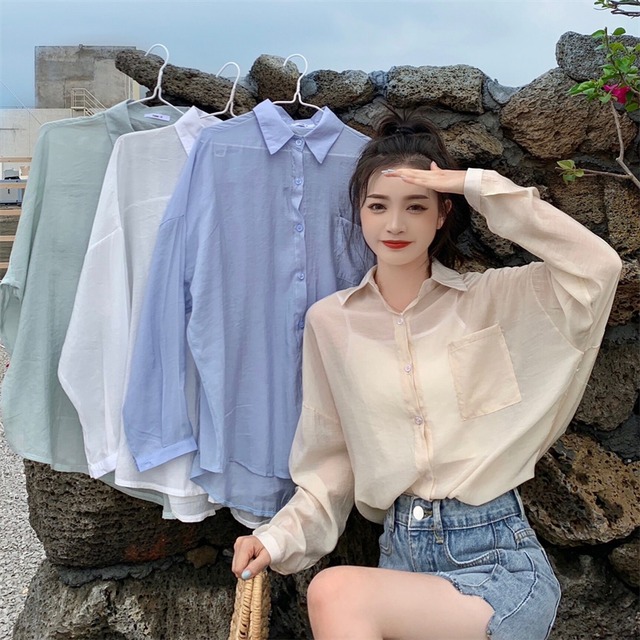 シャツ レディースサマーソリッド カラールーズカジュアル薄手カーディガン ロング 夏物 ソリッドカラー クレセントシティ26023846538