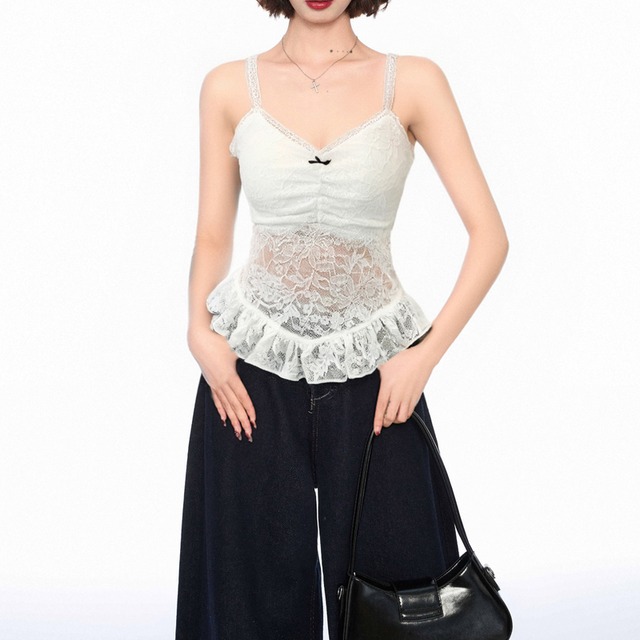 ribboned lace frill camisole la2972