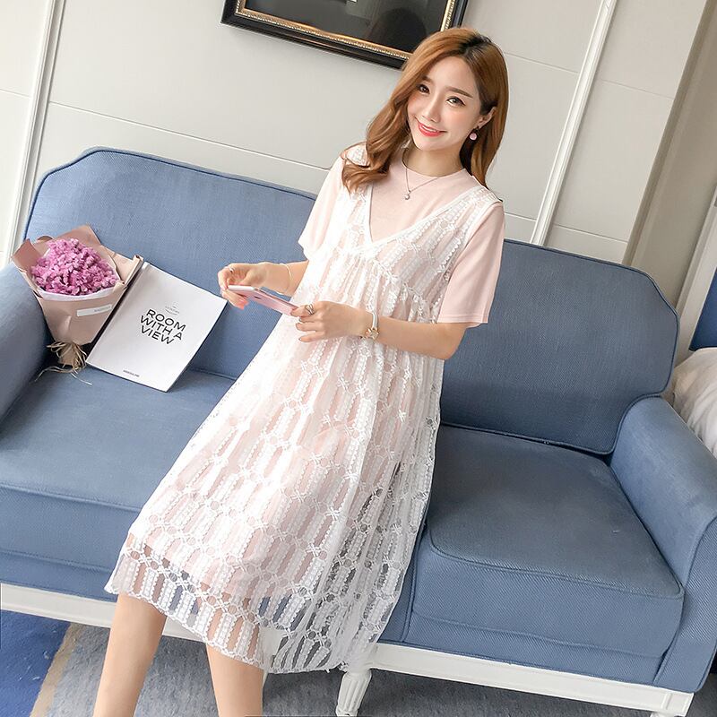 【新作】【送料無料】 マタニティウェア2020夏の新しい流行の母親妊娠中のツーピースファッションレースミドル丈サスペンダースカート+ Tシャツスカート-アリババ サマー 夏物 expec262972204921