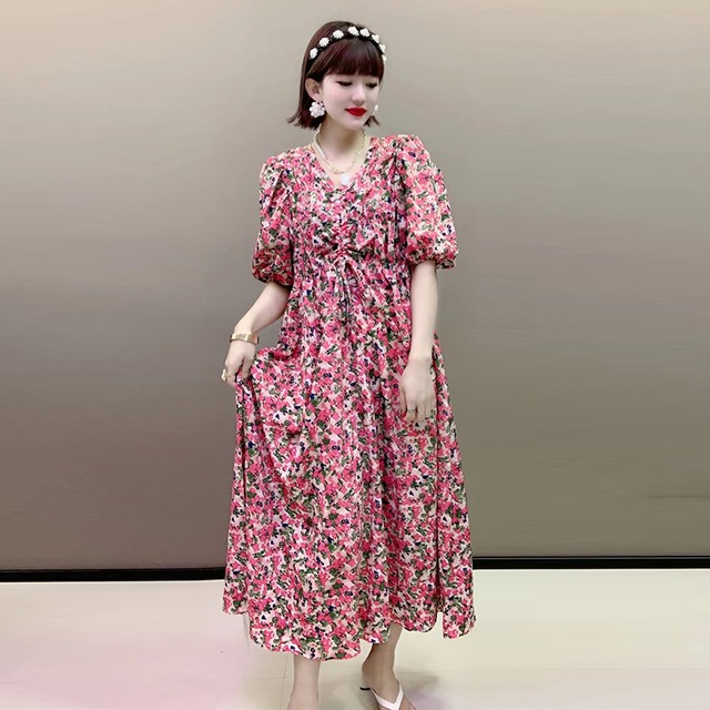 Vネックプリーツギャザーウェストフローラルドレス 大きめサイズ 花柄 ミックスインファッション15618629437