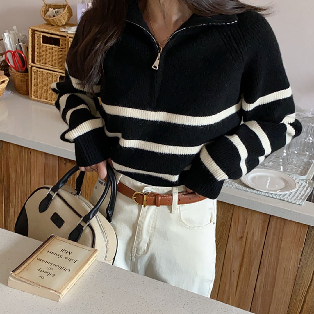 half zip casual navy stripe sweater
