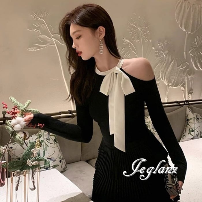 バイカラー カットソー クロップド丈 オープンショルダー 肌見せ(MA928)σ,ς*