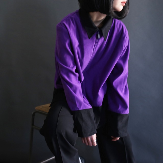 bi-color switching design zip up fake suede jacket