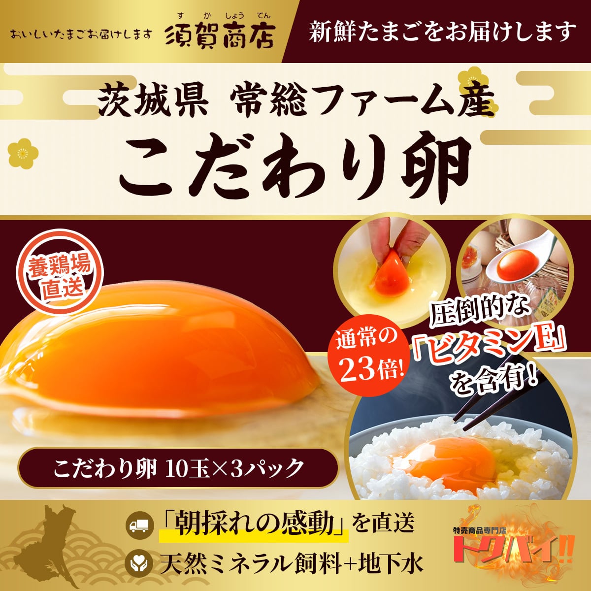 【ビタミンeが通常の23倍?! 】こだわり卵|10玉×3パック|茨城県産|直送|養鶏場直送|ビタミンe|新鮮|たまご|卵|究極|濃厚|濃厚卵黄|養鶏場|須賀商店|常総ファーム|弾力|こだわり|卵かけご飯|ゆで卵|卵焼き|卵料理|