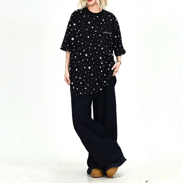 スターランダムグラフィックドロップショルダーTシャツ 2col   R01999