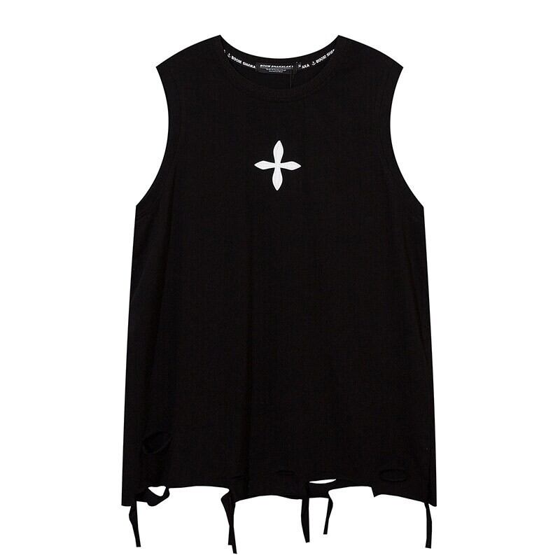 Wide sleeveless cross motif tops r0107