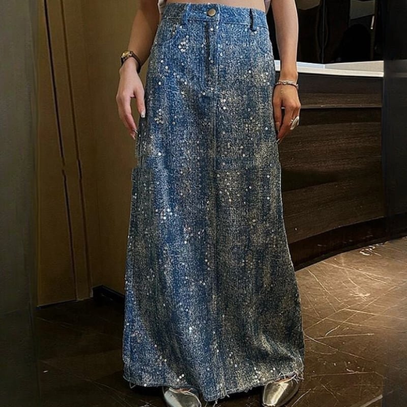 Sequin denim long skirt V1493