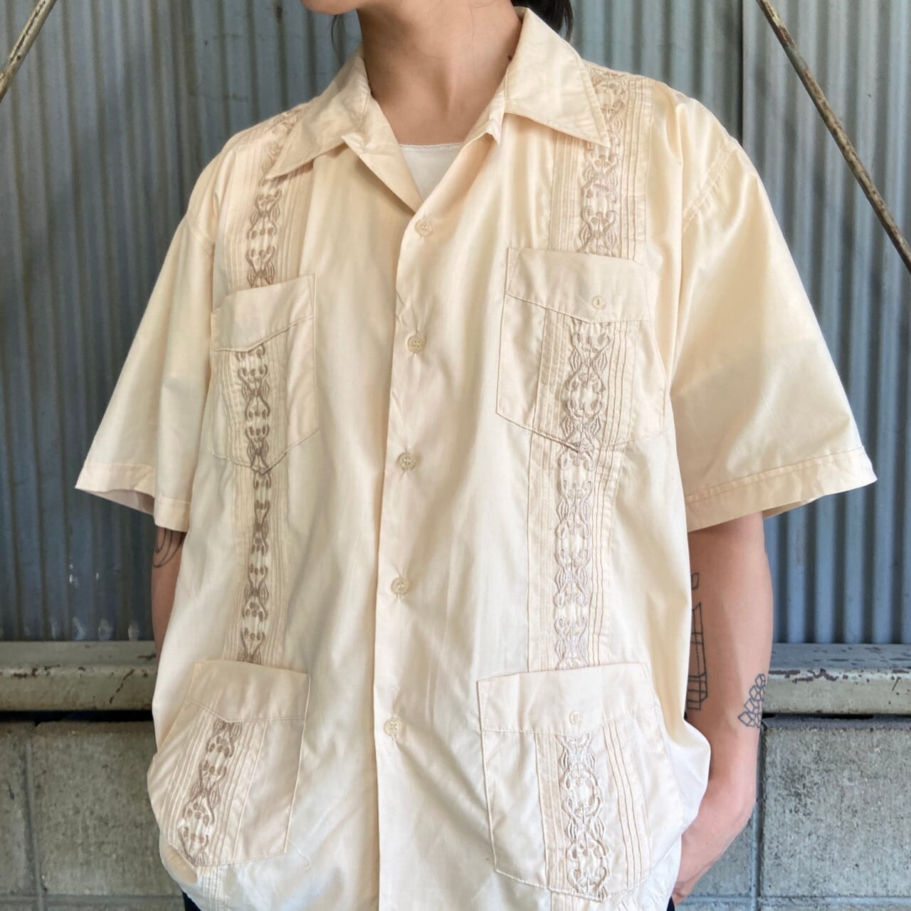 705cm肩幅BOHIO スタンドカラー 半袖 メキシカンシャツ キューバシャツ メンズXXL /eaa338249