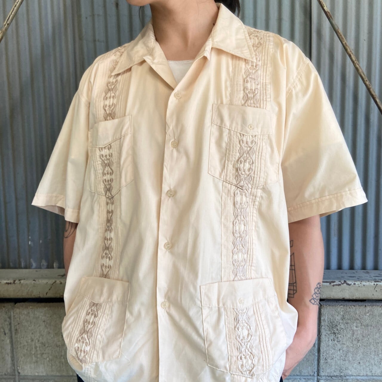 PLATOON USA 半袖 プリーツ キューバシャツ メンズL相当 古着