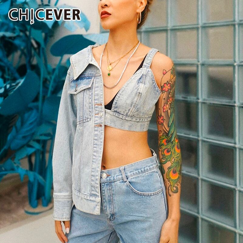 CHICEVERアシンメトリーコートレディースVネック長袖ホローアウトワンオフシューダーパッチワークデニムコート2020 ロング 6base526099240258