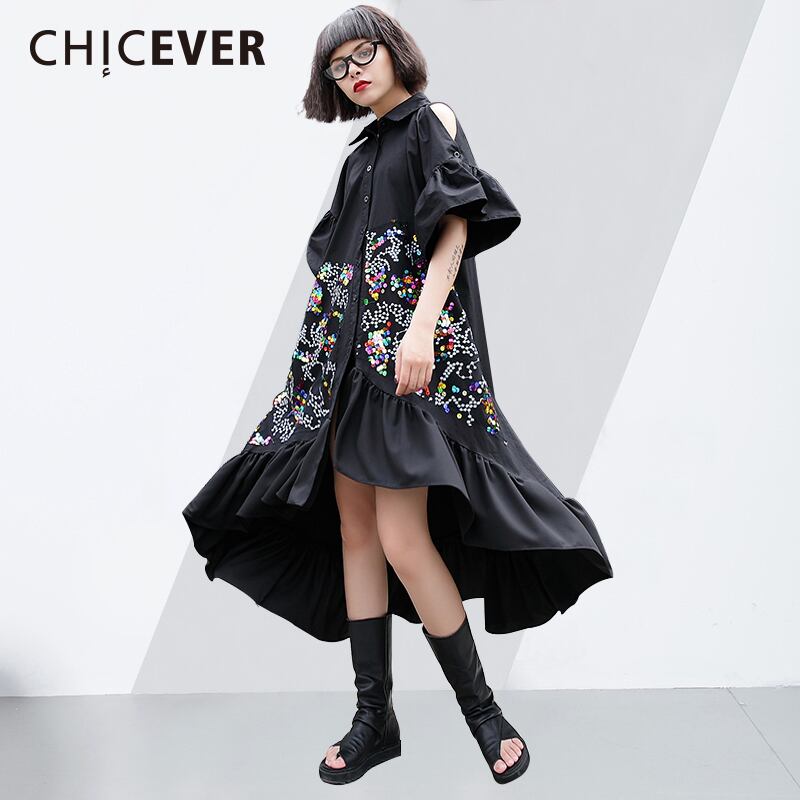 CHICEVERオフショルダードレス女性カラフルスパンコールラペルハーフフレアスリーブ2020サマードレスFemlae不規則な裾トップ 夏物 6base557836898735